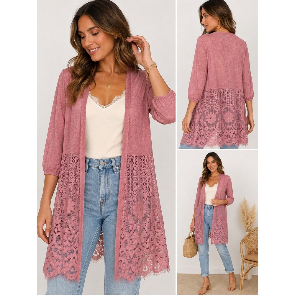 Ember Dusty Rose Lace Kimono Cardigan  Boho Cottagecor Romantic Sheer Cover Up M